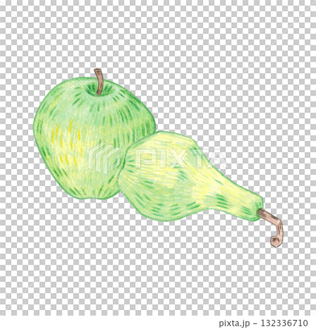 A whole green apple and a pear lie side by side. Hand-drawn illustration with colored pencils. Design for fabric, postcards, menus, and cookbooks 132336710