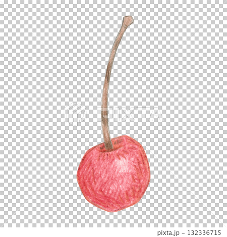 Cherry, ripe, delicious, red. Hand-drawn illustration with colored pencils, cartoonish. Design for stickers, scrapbooking, prints, or menus. Fruit, juicy, natural, berry 132336715