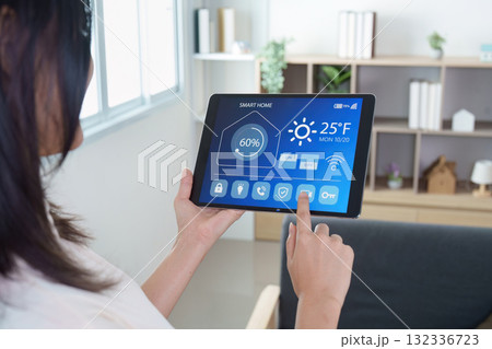 Smart Home. Woman controlling smart home system on tablet. Smart Home. Woman controlling smart home system on tablet. 132336723