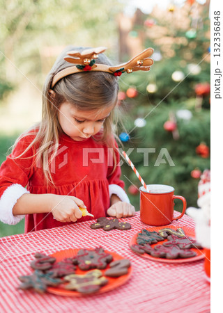 Christmas in july. Child waiting for Christmas in wood in july. portrait of little girl drinking hot cocoa with marshmallow and gingerBread man cookies. Merry Christmas and Happy Holidays. 132336848
