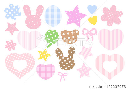 Cute vector illustrations of teddy bear, bunny, hearts, star, clover leaf, polka dot pattern, stripe print for animal, zoo, cartoon character, decorations, stickers, cute patch, brooch, pin, name tag 132337078