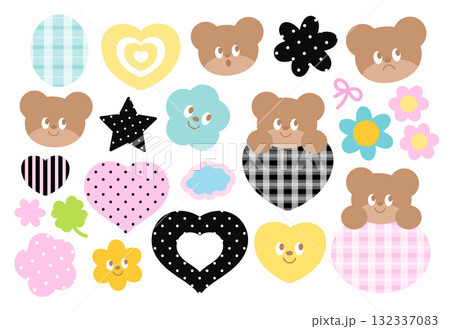 Cute vector illustrations of teddy bear, heart, flowers, ribbon, clover leaf, star, polka dot pattern for animal, zoo, cartoon character, comic, decorations, stickers, cute patch, brooch, pin, tattoo	 132337083