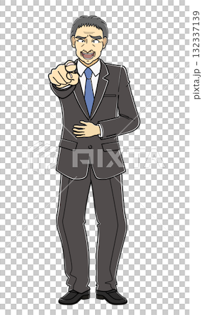 A middle-aged man in a suit pointing and laughing A middle-aged man in a suit pointing and laughing 132337139