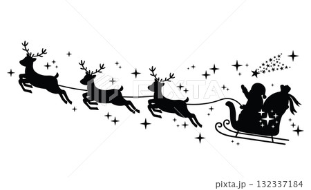 Santa Claus in black silhouette on sleigh with reindeer surrounded by stars. 132337184