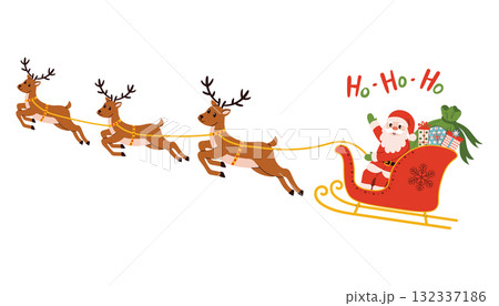 Happy Santa Claus in cartoon flat style on sleigh with reindeers and sack of presents waving and saying ho-ho-ho. 132337186