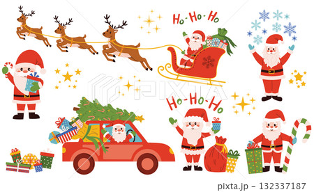 A set of happy Santa Clause with candy cane, with a sack of gifts, on a red car with a Christmas tree on the roof. 132337187