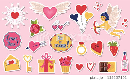 A set of Valentine's Day stickers with hearts and Cupid, gift boxes and a rose, balloons and a ring, chocolate and champagne. Stickers with love you and be mine slogans. Set of symbols of love. 132337191