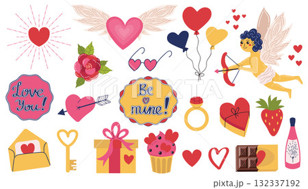 A set of Valentine's Day elements with hearts and Cupid, gift boxes and a rose, balloons and a ring, chocolate and champagne. 132337192