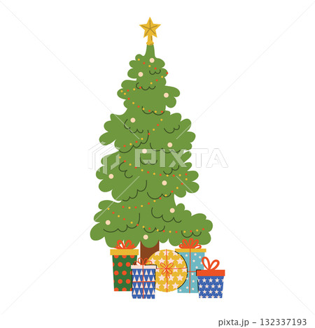 Flat cartoon style Christmas tree with gift boxes. 132337193