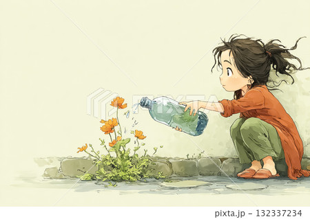 美優シリーズ:園児、ペットボトルでお花に水をあげる 美優シリーズ:園児、ペットボトルでお花に水をあげる 132337234