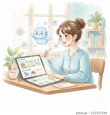 AIアシスタAIアシスタントとントとタブレットで旅行のスケジュールを練るリラックスした女性のイラスト 132337244