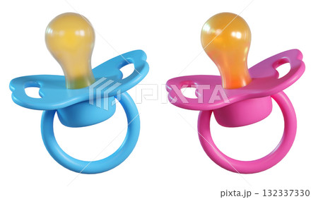 3D Blue baby and Pink Pacifier icons. Silicone nipple. Newborn boy and girl accessory in soft pastel colors isolated on a transparent background. 3D render 132337330