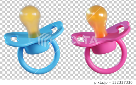 3D Blue baby and Pink Pacifier icons. Silicone nipple. Newborn boy and girl accessory in soft pastel colors isolated on a transparent background. 3D render 132337330