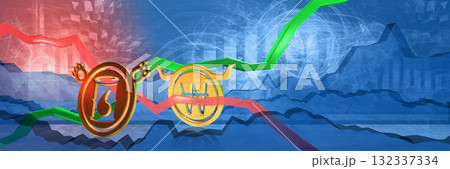 oil stock prices drop in krw. energy stability in south korea. bearish commodity market concept. 3d illustration of cheap fossil fuel. financial background in blue color. abstract banner with chart 132337334
