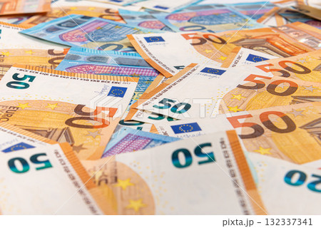 background from euro banknotes, Euro banknote as part of the economic and trading system, Close-up 132337341