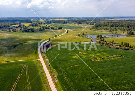rural landscape with agricultural fields, roads and lonely trees, drone photography 132337350