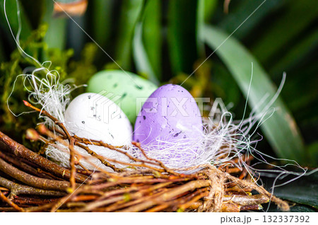 bird  nest with colored Easter eggs on branches of green trees, easter decoration, selective focus 132337392