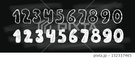 Chalk Board with White Numbers. Crayon Textured and Outline Handwritten Signs. Isolated hand drawn doodles for design. Vector illustration. Not AI Chalk Board with White Numbers. Crayon Textured and Outline Handwritten Signs. Isolated hand drawn doodles for design. Vector illustration. Not AI 132337465