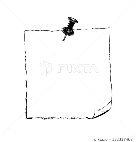 Blank hand-drawn paper sheet with curled corner and push pin, sketch style on white background. Concept of reminder, note or announcement Blank hand-drawn paper sheet with curled corner and push pin, sketch style on white background. Concept of reminder, note or announcement 132337468