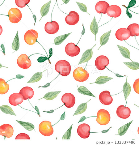 Watercolor cherry seamless pattern 132337490