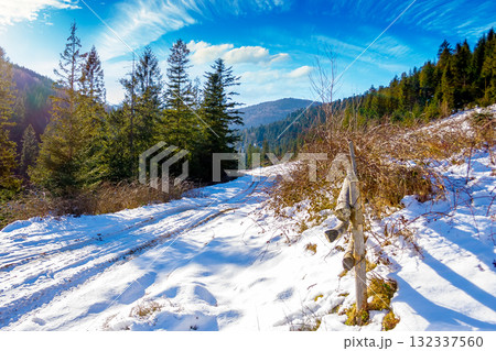 winter countryside in mountains on a sunny day. wooden fence along the road through coniferous forest near snow covered hills. scenic view of rustic scene in western ukraine. carpathian wonderland winter countryside in mountains on a sunny day. wooden fence along the road through coniferous forest near snow covered hills. scenic view of rustic scene in western ukraine. carpathian wonderland 132337560