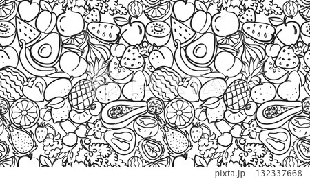 Doodle fruits pattern. Hand drawn pineapple, strawberry and banana, apple and lemon, kiwi and pear, peach and dragon, grape and cherry, orange. Sketch tropic fruit vector texture 132337668