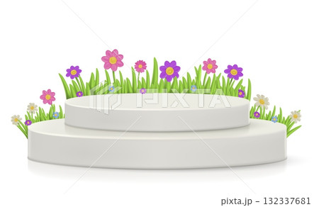 Floral 3D podium. Spring garden flowers, green leaves and product stage. Cute cartoon mockup in realistic soft render clay style. Plastic daisy and platform. Vector background Floral 3D podium. Spring garden flowers, green leaves and product stage. Cute cartoon mockup in realistic soft render clay style. Plastic daisy and platform. Vector background 132337681