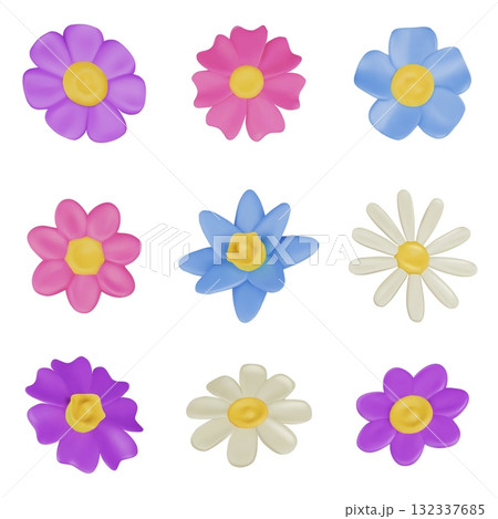 Flowers 3D buds. Spring flower, cartoon narcissus, plasticine daisy, plastic floral garden chamomile, clay wildflower. Isolated vector set in soft render style Flowers 3D buds. Spring flower, cartoon narcissus, plasticine daisy, plastic floral garden chamomile, clay wildflower. Isolated vector set in soft render style 132337685