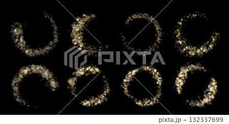 Shimmering glitter circles. Glowing light dust rings with magic glimmer trail, golden sparkling round frames and luxury glittery circular borders with stardust shiny bokeh orbs vector set Shimmering glitter circles. Glowing light dust rings with magic glimmer trail, golden sparkling round frames and luxury glittery circular borders with stardust shiny bokeh orbs vector set 132337699