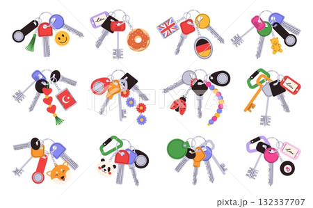 Home keys with cute keychains. Charming key bundles with charms, decorative keyring accessories and kawaii key rings. Isolated house keys vector illustration set Home keys with cute keychains. Charming key bundles with charms, decorative keyring accessories and kawaii key rings. Isolated house keys vector illustration set 132337707