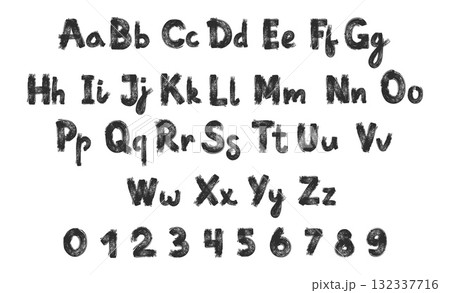 Grunge brush font. Hand drawn numbers, alphabet uppercase and paint brush lettering lowercase letters. Rough textured handwritten ink brushstroke typeface vector set 132337716