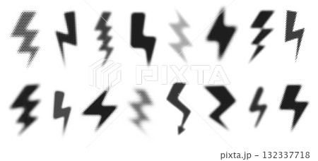 Halftone lightning bolt. Blurred thunderbolt shapes with grunge dotted texture, electric energy symbols and flash signs with halftone dots. Electricity power isolated vector set Halftone lightning bolt. Blurred thunderbolt shapes with grunge dotted texture, electric energy symbols and flash signs with halftone dots. Electricity power isolated vector set 132337718
