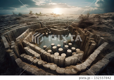 Surreal labyrinth concept with magic maze and ancient pathway. Generated AI. 132337842