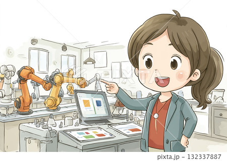 美優シリーズ：工場DX 若い女性が未来型工場で自動生産ラインを操作するシーン 132337887
