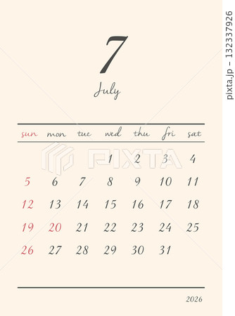 2026年_7月_おしゃれカレンダー_タテ 132337926