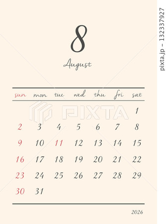2026年_8月_おしゃれカレンダー_タテ 132337927