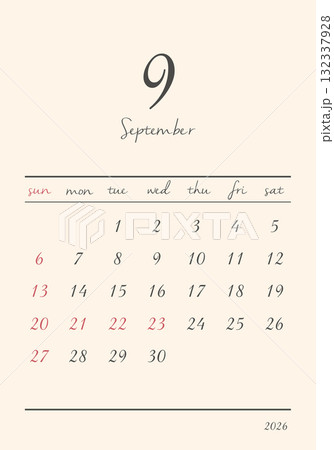 2026年_9月_おしゃれカレンダー_タテ 132337928