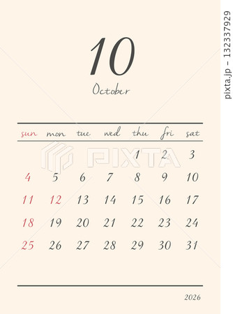 2026年_10月_おしゃれカレンダー_タテ 2026年_10月_おしゃれカレンダー_タテ 132337929