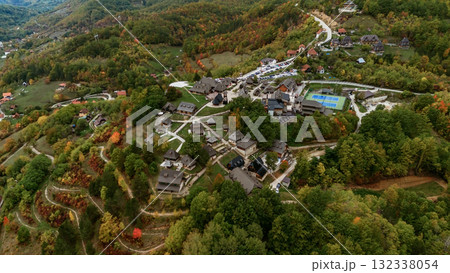 Drone View of Tourist Drvengrad Village in Serbia Drone View of Tourist Drvengrad Village in Serbia 132338054