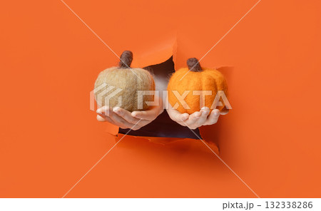 Hand holding soft wool pumpkin with golden stem through torn orange paper background. Hand holding soft wool pumpkin with golden stem through torn orange paper background. 132338286