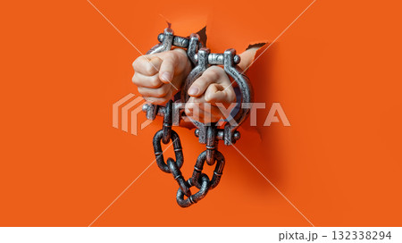 Two clenched hands in chained metal shackles emerge from a torn orange paper background. Two clenched hands in chained metal shackles emerge from a torn orange paper background. 132338294