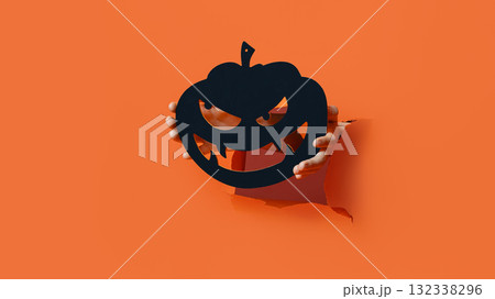 Two hands holding an angry carved pumpkin face mask made from orange paper, emerging from the background. 132338296