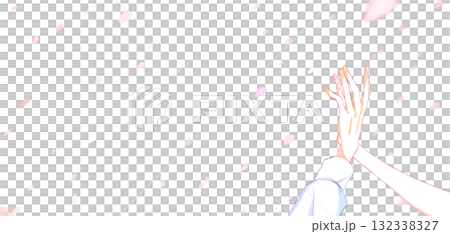 Intertwining hands of a man and a woman, cherry blossom petals falling 132338327