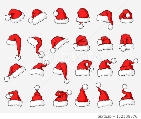Santa Claus hats vector set with smooth white trim, classic red Christmas caps collection 132338376