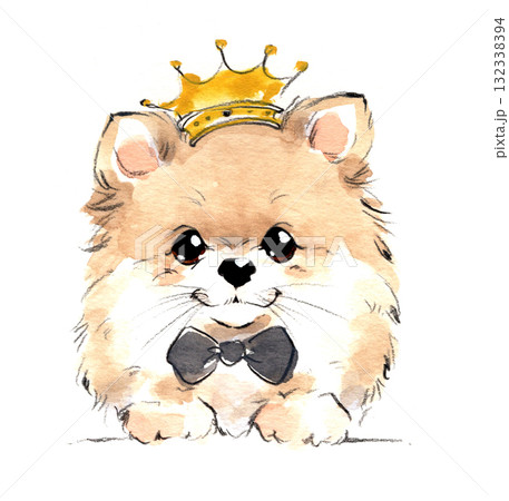 王冠をかぶった子犬の水彩イラスト 王冠をかぶった子犬の水彩イラスト 132338394