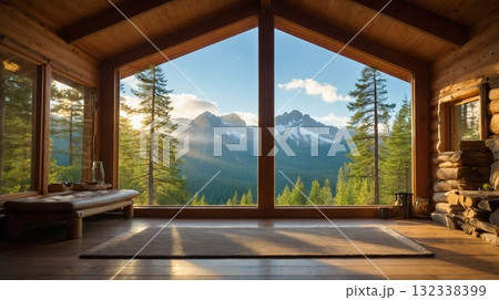 木造ロッジから望む朝の山景 – Morning Mountain View from a Woode 木造ロッジから望む朝の山景 – Morning Mountain View from a Woode 132338399