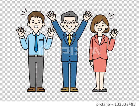 笑顔で喜ぶ、若いビジネスマンとビジネスウーマンと社長の全身ベクターイラスト素材セット_カラー 笑顔で喜ぶ、若いビジネスマンとビジネスウーマンと社長の全身ベクターイラスト素材セット_カラー 132338483
