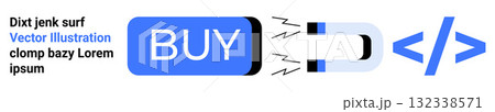 BUY call-to-action button, magnet attracting it, coding symbols. Ideal for e-commerce, marketing, web design, code learning, UIUX, customer engagement, development. Landing page 132338571