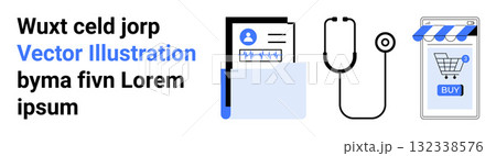 Medical documents in a folder, stethoscope outline, and smartphone with an online shopping cart and Buy text. Ideal for healthcare, medical records, telemedicine, e-commerce, online shopping, digital Medical documents in a folder, stethoscope outline, and smartphone with an online shopping cart and Buy text. Ideal for healthcare, medical records, telemedicine, e-commerce, online shopping, digital 132338576
