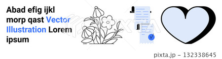 Text block with random words, flower sketch, checklist document, and heart shape. Ideal for websites, education, print media, infographics, presentations, love-themed projects, social media posts Text block with random words, flower sketch, checklist document, and heart shape. Ideal for websites, education, print media, infographics, presentations, love-themed projects, social media posts 132338645
